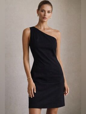 Vince One Shoulder Black Dress Cotton Silk Minimalist Designer Cocktail XS